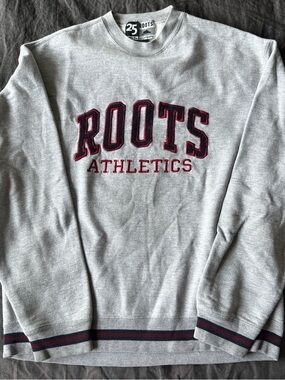 Roots Light Heather Grey Crewneck with Navy and Burgundy Lettering
